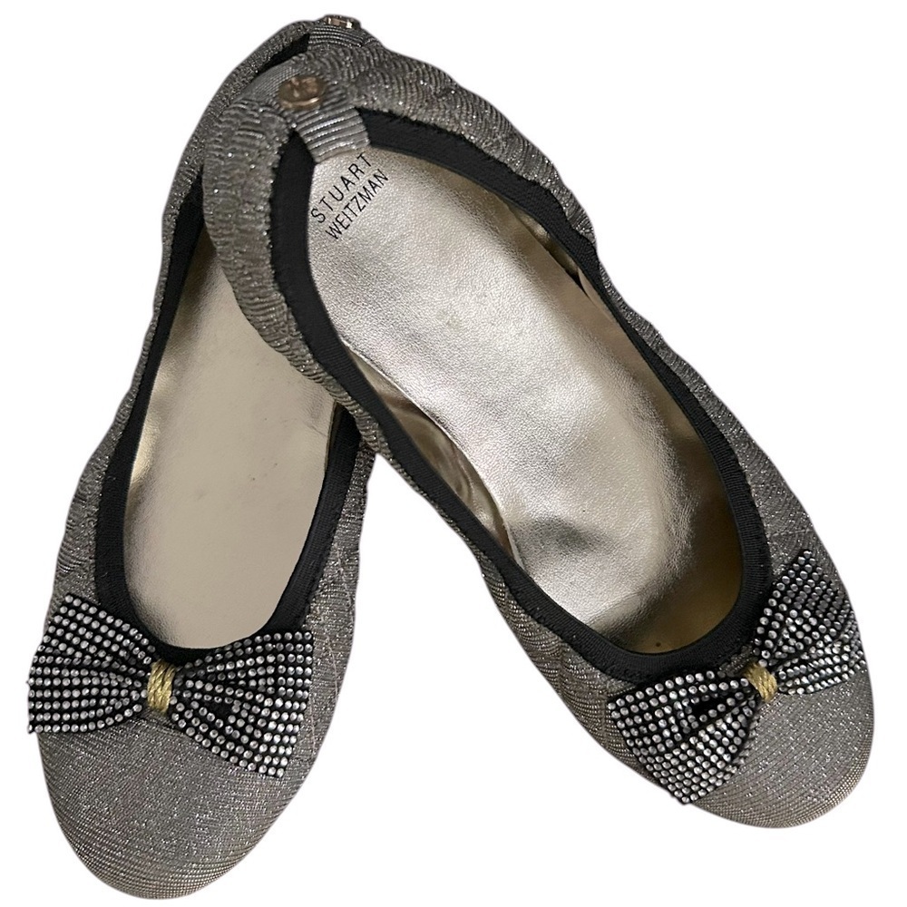 Stuart Weitzman Metallic Quilted Ballet Flats with Sparkles and Bows